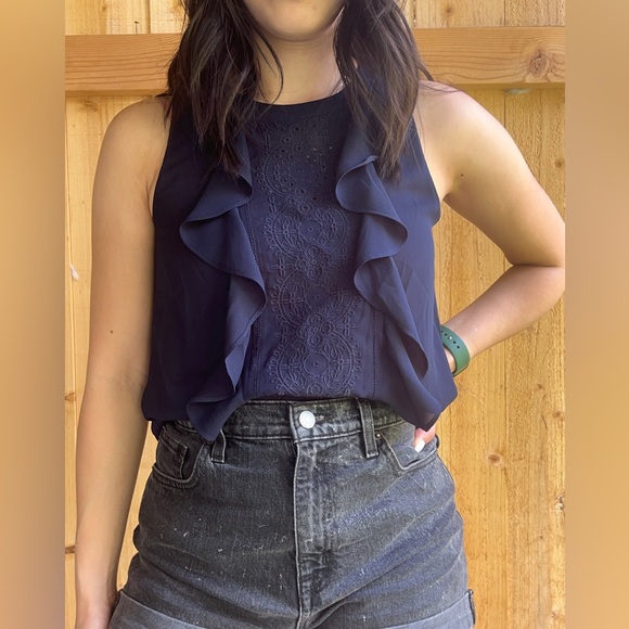 Ann Taylor Factory Navy Blouse Ruffle Sleeves Tank Top - Picture 3 of 7